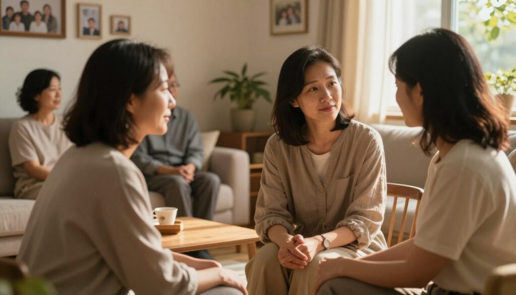 A serene scene featuring a respectful family gathering, emphasizing emotional bonds among family members. In the foreground, a woman in modest casual clothing, representing a supportive sister-in-law, is engaged in deep conversation with her sister, showcasing warmth and connection. The middle ground captures a cozy living room setting, adorned with family photos and soft lighting, hinting at shared memories and joyful moments. In the background, a window allows soft, golden sunlight to stream in, casting gentle shadows that evoke a feeling of peace and introspection. The overall atmosphere is one of reflection and understanding, highlighting the psychological significance of familial relationships. The image should evoke a sense of comfort and emotional depth, inviting viewers to ponder the intricacies of family ties.