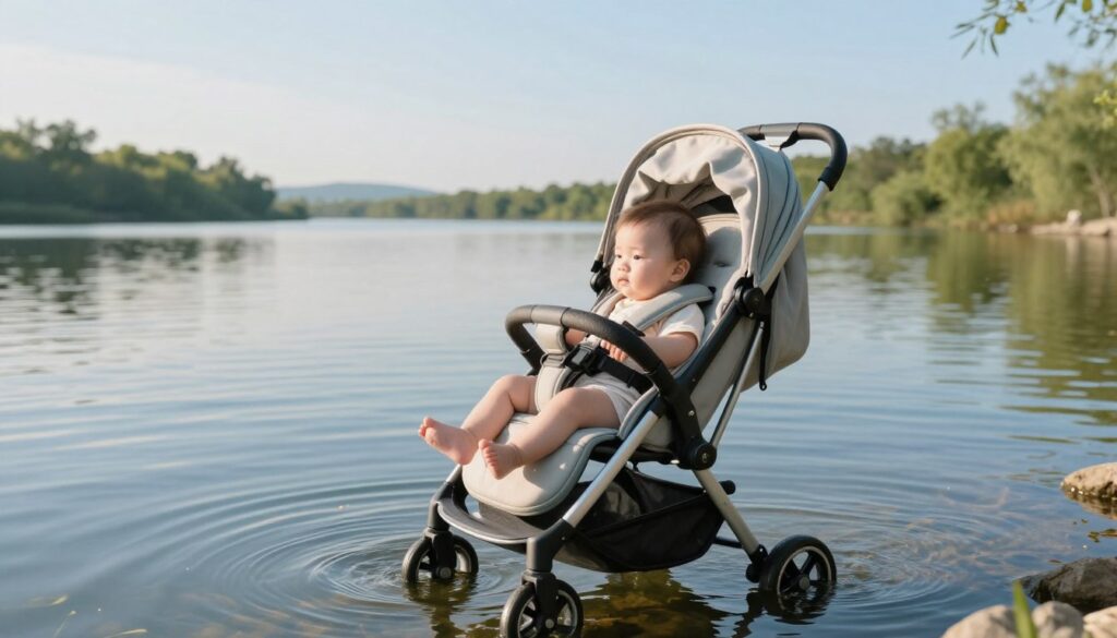 A serene scene featuring an adorable infant in a stroller positioned gently afloat in a calm body of water. The foreground captures the stroller, intricately detailed with soft, pastel colors, and surrounding it are delicate ripples reflecting sunlight. In the middle ground, the water is clear and tranquil, showcasing hints of aquatic plants beneath the surface. The background reveals a peaceful shoreline lined with gentle greenery under a bright blue sky, enhancing the tranquil atmosphere. The lighting is soft and warm, suggesting a late afternoon sun casting long shadows. The entire image conveys a soothing, dream-like quality, inviting viewers to contemplate the nurturing needs of infants. The angle is slightly elevated, providing a broader view of the scene while emphasizing the gentle embrace of nature around the stroller. A serene scene featuring an adorable infant in a stroller positioned gently afloat in a calm body of water. The foreground captures the stroller, intricately detailed with soft, pastel colors, and surrounding it are delicate ripples reflecting sunlight. In the middle ground, the water is clear and tranquil, showcasing hints of aquatic plants beneath the surface. The background reveals a peaceful shoreline lined with gentle greenery under a bright blue sky, enhancing the tranquil atmosphere. The lighting is soft and warm, suggesting a late afternoon sun casting long shadows. The entire image conveys a soothing, dream-like quality, inviting viewers to contemplate the nurturing needs of infants. The angle is slightly elevated, providing a broader view of the scene while emphasizing the gentle embrace of nature around the stroller.