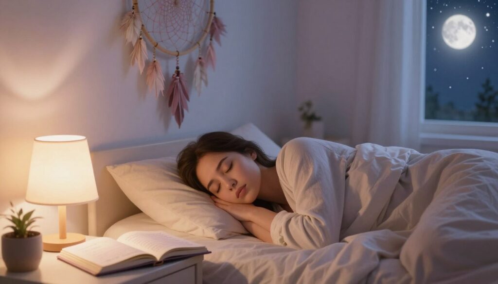 A serene, softly lit bedroom scene depicting a person peacefully sleeping in a cozy bed. The foreground features a beautifully arranged dream journal open on a nightstand, illuminated by warm bedside lamp light. In the middle background, a large dreamcatcher hangs on the wall, its intricate patterns softly shadowed by the light. The atmosphere is calm and reflective, with gentle pastel colors enhancing the dreamlike quality. Outside the window, a moonlit sky twinkles with stars, suggesting a mystical connection to dreams. The image captures the essence of interpreting dreams and meanings, emphasizing tranquility and introspection, with no people present – only the inviting space that encourages dreaming. Lighting is soft and warm, enhancing the soothing mood of the scene.
