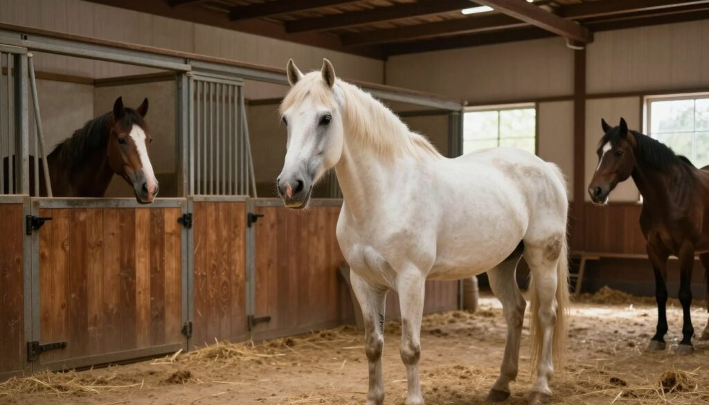 A serene stable interior featuring several horses, each displaying a calm demeanor and strong presence, symbolizing stability and freedom. In the foreground, a majestic white horse stands proudly, with its mane gently flowing, embodying purity and strength. In the middle ground, a couple of warm-toned wooden stalls house other horses, enhancing the feeling of security and companionship. The background showcases soft, natural light filtering through the stable’s windows, creating a tranquil and inviting atmosphere. The scene is framed with the rich textures of the stable walls and hay scattered on the floor, emphasizing a rustic charm. The image evokes feelings of peace and stability, capturing the essence of horses in a nurturing environment. A serene stable interior featuring several horses, each displaying a calm demeanor and strong presence, symbolizing stability and freedom. In the foreground, a majestic white horse stands proudly, with its mane gently flowing, embodying purity and strength. In the middle ground, a couple of warm-toned wooden stalls house other horses, enhancing the feeling of security and companionship. The background showcases soft, natural light filtering through the stable’s windows, creating a tranquil and inviting atmosphere. The scene is framed with the rich textures of the stable walls and hay scattered on the floor, emphasizing a rustic charm. The image evokes feelings of peace and stability, capturing the essence of horses in a nurturing environment.
