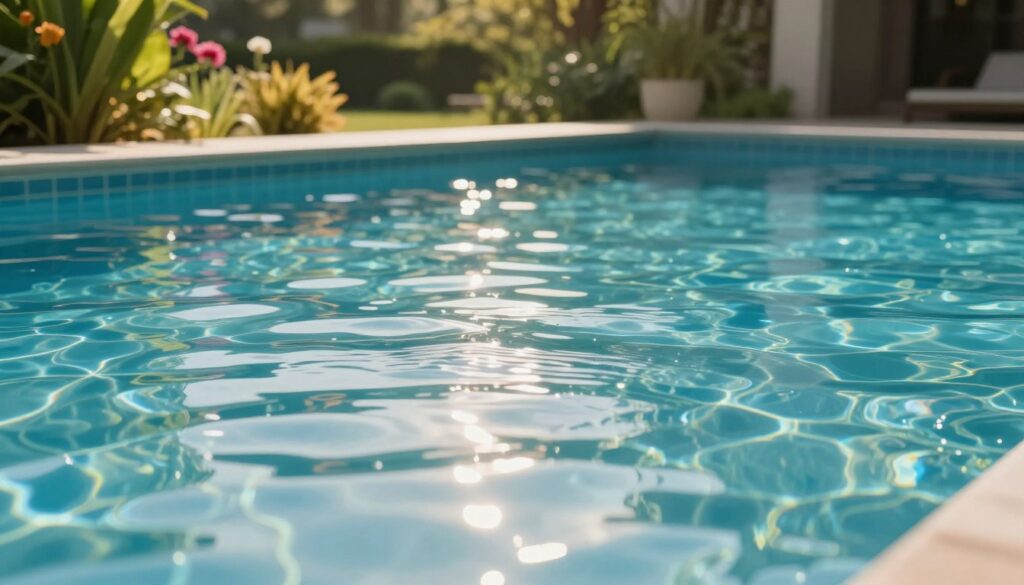 A serene swimming pool filled with crystal-clear water reflecting the sunlight, captured at a slightly elevated angle to display the entire pool. In the foreground, gentle ripples on the surface of the water suggest movement and life, symbolizing emotions and clarity. The middle section features the pool's surroundings, with lush greenery and vibrant flowers, enhancing the feeling of tranquility and renewal. In the background, soft, blurred outlines of trees create a peaceful atmosphere. The lighting is warm and inviting, casting soft shadows that emphasize the calmness of the scene. The overall mood is one of introspection and cleansing, embodying the essence of emotional clarity and renewal represented by the water in the pool.