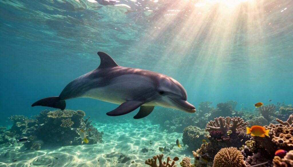A serene underwater scene featuring a dolphin gracefully swimming through crystal-clear waters. In the foreground, the dolphin is depicted playfully interacting with soft rays of sunlight filtering down from the surface, casting a warm glow. The middle ground reveals colorful coral reefs and small, vibrant fish that enhance the sense of joy and emotional harmony. In the background, a gentle gradient of blue and green hues creates a tranquil atmosphere, suggesting a deep, subconscious world. The overall composition captures the essence of intuition and emotional balance, evoking a sense of calm and wonder. The lighting is soft and ethereal, creating a dreamlike quality, akin to a peaceful dive into the depths of the mind. The image features no text or overlays.
