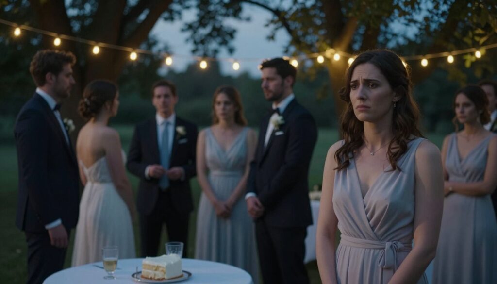 A serene wedding setting under a twilight sky, where a gathering of elegantly dressed guests appears somber rather than joyful. In the foreground, a woman in a modest evening gown with a concerned expression stands apart, symbolizing unease. In the middle ground, couples mingle, but their faces show tension rather than celebration. On a nearby table, a half-empty glass and untouched cake hint at unfulfilled expectations. The background features softly lit fairy lights hanging from trees, casting a melancholic glow over the scene. The atmosphere is heavy yet visually enchanting, capturing the contrasting emotions of a wedding that embodies both joy and warning. Natural lighting enhances the bittersweet mood, with a shallow depth of field focusing on the woman in the forefront.