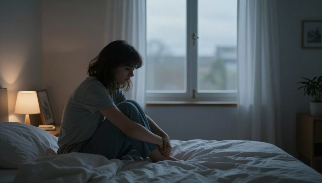 A serene yet slightly unsettling bedroom scene early in the morning, focusing on a person in modest casual clothing sitting on the edge of the bed with a worried expression. The foreground features rumpled bed sheets and a softly glowing bedside lamp, casting a warm light that contrasts with the cool morning light filtering through sheer curtains. In the middle ground, an open window reveals a gray, overcast sky symbolizing uncertainty and lack of control. The background consists of softly blurred bedroom decor, like a picture frame and a potted plant, enhancing the feeling of introspection and anxiety. The overall mood is a blend of calmness and unease, conveying the feeling of waking up to anxiety while also hinting at the possibility of finding peace.