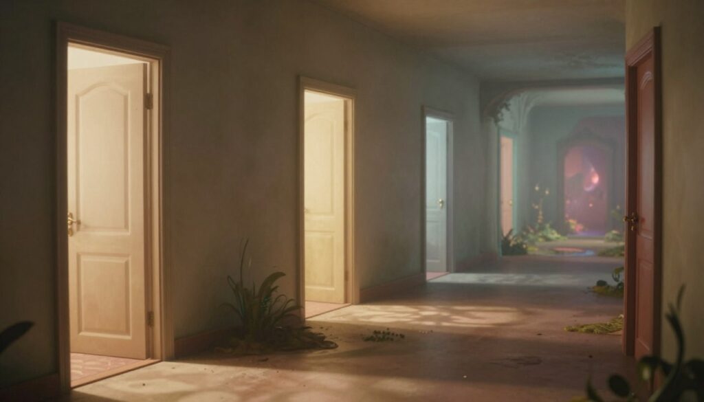 A series of mysterious rooms emerge from intricate dreams, each doorway hinting at the unknown. In the foreground, a dimly lit corridor invites exploration, with shadows dancing across the walls and soft, ethereal light spilling from unseen corners. The middle ground features an array of unique doors, some slightly ajar, revealing glimpses of enchanting landscapes and surreal interior spaces. The background fades into a soft blur, suggesting an expansive, dreamlike atmosphere, filled with whispers of lost secrets. The scene is illuminated with a gentle, warm glow, evoking a sense of wonder and curiosity. The overall mood is both inviting and enigmatic, encouraging viewers to imagine the stories held within these dreamlike spaces. A series of mysterious rooms emerge from intricate dreams, each doorway hinting at the unknown. In the foreground, a dimly lit corridor invites exploration, with shadows dancing across the walls and soft, ethereal light spilling from unseen corners. The middle ground features an array of unique doors, some slightly ajar, revealing glimpses of enchanting landscapes and surreal interior spaces. The background fades into a soft blur, suggesting an expansive, dreamlike atmosphere, filled with whispers of lost secrets. The scene is illuminated with a gentle, warm glow, evoking a sense of wonder and curiosity. The overall mood is both inviting and enigmatic, encouraging viewers to imagine the stories held within these dreamlike spaces.