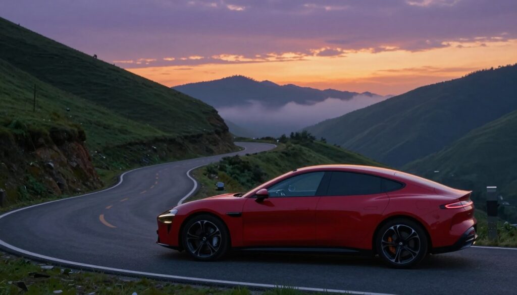 A sleek, modern car with a vibrant red exterior glistens under soft evening light, positioned in the foreground. The car is parked on a winding road surrounded by lush green hills, symbolizing freedom and adventure. In the middle ground, the road curves gently, creating a sense of motion and journey, while a sunset paints the sky in hues of orange and purple, reflecting emotions of warmth and introspection. The background features distant mountains, shrouded in mist, adding a layer of mystery and depth. The atmosphere is tranquil yet charged with emotion, inviting contemplation about the significance of the car's color as a reflection of hidden feelings and life direction. Capture this scene with a balanced composition, focusing on the interplay of light and shadow to enhance the emotional tone.