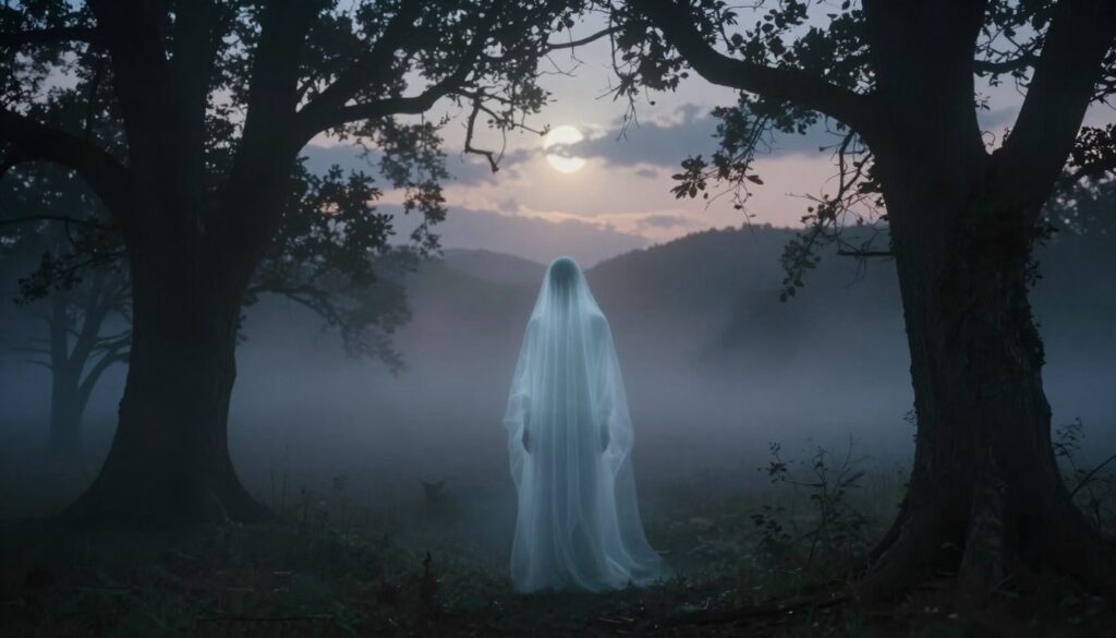 A soft, ethereal scene depicting a translucent, ghostly figure emerging from a misty forest at dusk. In the foreground, delicate wisps of fog curl around ancient trees, their gnarled branches silhouetted against a dimly lit twilight sky. The middle layer showcases the ghost, gently illuminated by a subtle, otherworldly light, with features that blend into the surrounding mist, conveying a sense of longing and nostalgia. In the background, shadowy outlines of distant hills fade into darkness, enhancing the sense of depth. Gentle beams of moonlight break through the clouds, casting a serene glow over the scene. The mood is introspective and mystical, evoking feelings of connection to the past and unseen signals from beyond.
