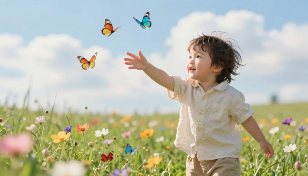 A soft, ethereal scene depicting a young child playing in a sun-drenched meadow, symbolizing new beginnings and potential. In the foreground, the child, dressed in a modest, light-colored shirt and shorts, is joyfully reaching out to colorful butterflies fluttering around. The middle layer features vibrant flowers and gentle green grass, symbolizing growth and vitality. In the background, a bright blue sky with fluffy white clouds conveys an atmosphere of hope and optimism. The lighting is warm and inviting, casting a gentle glow on the child’s face, which reflects curiosity and joy. The composition is captured with a shallow depth of field to emphasize the child and create a dreamlike quality, evoking a sense of wonder and possibility.