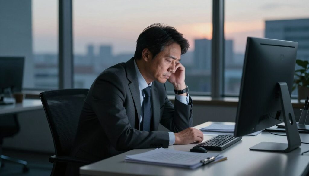 A somber office setting at dusk, featuring a sleek, modern desk cluttered with papers and a turned-off computer screen. In the foreground, a middle-aged professional in business attire sits on a chair, head resting on their hand in a thoughtful pose, reflecting on their career challenges. Soft lighting illuminates their pensive face, casting gentle shadows that enhance the mood of contemplation. Behind them, large windows reveal a blurred cityscape with a setting sun, symbolizing the passing of time and missed opportunities. The atmosphere is heavy with a sense of uncertainty and ambition, visually capturing the emotional weight of job loss and the pressures of daily life. The entire scene conveys a deep sense of introspection and the struggles related to professional identity. A somber office setting at dusk, featuring a sleek, modern desk cluttered with papers and a turned-off computer screen. In the foreground, a middle-aged professional in business attire sits on a chair, head resting on their hand in a thoughtful pose, reflecting on their career challenges. Soft lighting illuminates their pensive face, casting gentle shadows that enhance the mood of contemplation. Behind them, large windows reveal a blurred cityscape with a setting sun, symbolizing the passing of time and missed opportunities. The atmosphere is heavy with a sense of uncertainty and ambition, visually capturing the emotional weight of job loss and the pressures of daily life. The entire scene conveys a deep sense of introspection and the struggles related to professional identity.