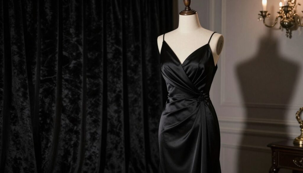 A striking depiction of a sleek, black evening dress symbolizes elegance and mystery, elegantly draped on a mannequin in an intimate, softly lit room. In the foreground, the dress captures subtle reflections of light, highlighting its exquisite fabric and delicate details. The middle layer features lush, dark velvet curtains that create a moody atmosphere, enhancing the elegance and somberness of the scene. In the background, a faint silhouette of a vintage chandelier casts gentle shadows, evoking a sense of nostalgia and deeper emotional undertones. The overall color palette is rich in blacks and deep grays, creating an air of sophistication and intrigue, with warm lighting softening the edges and inviting contemplation. The mood is solemn yet beautiful, representing the themes of mourning and elegance intertwined. A striking depiction of a sleek, black evening dress symbolizes elegance and mystery, elegantly draped on a mannequin in an intimate, softly lit room. In the foreground, the dress captures subtle reflections of light, highlighting its exquisite fabric and delicate details. The middle layer features lush, dark velvet curtains that create a moody atmosphere, enhancing the elegance and somberness of the scene. In the background, a faint silhouette of a vintage chandelier casts gentle shadows, evoking a sense of nostalgia and deeper emotional undertones. The overall color palette is rich in blacks and deep grays, creating an air of sophistication and intrigue, with warm lighting softening the edges and inviting contemplation. The mood is solemn yet beautiful, representing the themes of mourning and elegance intertwined.