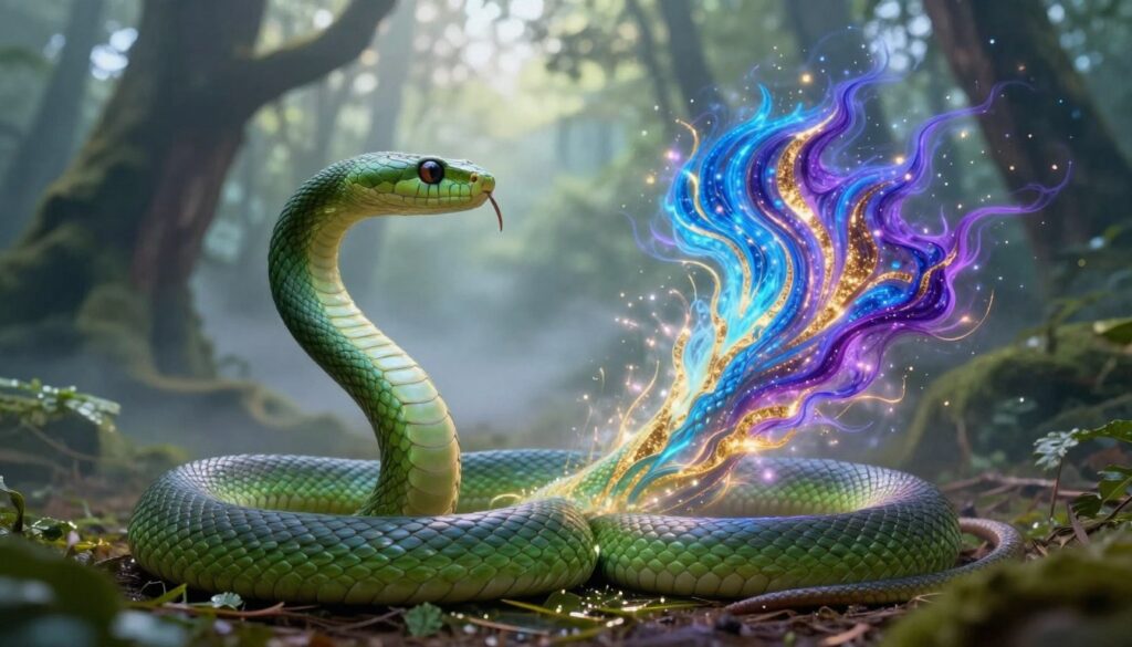 A striking image depicting the transformation of a snake as a symbol of rebirth and change. In the foreground, a vibrant green snake coils gracefully, its scales shimmering under soft, ethereal light. In the middle ground, the snake's body seamlessly transitions into a brilliant burst of colors, representing metamorphosis, with vivid patterns of blues, purples, and golds. In the background, a mystical forest is shrouded in mist, with dappled sunlight filtering through ancient trees, creating an enchanting atmosphere. This scene evokes a sense of magical transformation and renewal, emphasizing the connection between dreams and hidden intentions. The composition captures a balance of fantasy and nature, with a focus on smooth textures and luminous lighting, set at an eye-level angle to enhance the viewer's immersion. A striking image depicting the transformation of a snake as a symbol of rebirth and change. In the foreground, a vibrant green snake coils gracefully, its scales shimmering under soft, ethereal light. In the middle ground, the snake's body seamlessly transitions into a brilliant burst of colors, representing metamorphosis, with vivid patterns of blues, purples, and golds. In the background, a mystical forest is shrouded in mist, with dappled sunlight filtering through ancient trees, creating an enchanting atmosphere. This scene evokes a sense of magical transformation and renewal, emphasizing the connection between dreams and hidden intentions. The composition captures a balance of fantasy and nature, with a focus on smooth textures and luminous lighting, set at an eye-level angle to enhance the viewer's immersion.