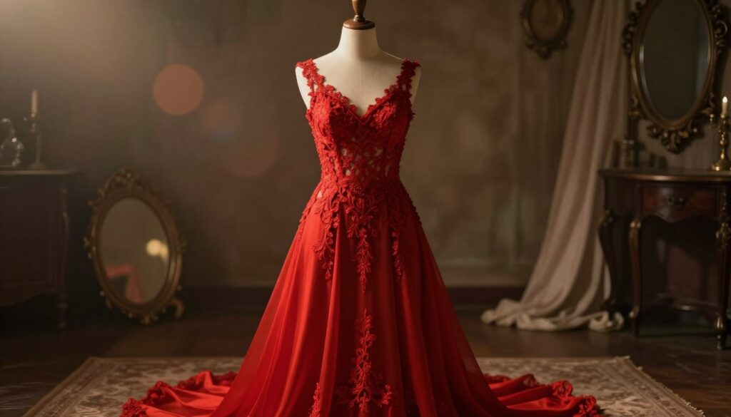 A striking red dress elegantly draped on a rustic wooden mannequin, illuminated by soft, warm lighting that casts gentle shadows, evoking a sense of passion and intensity. The dress features intricate lace detailing and flows to the floor, suggesting movement. In the background, a blurred, dreamy setting of a dimly lit vintage room with antique mirrors and soft fabric textures creates a psychologically rich atmosphere, symbolizing deep emotions. A subtle lens flare adds a touch of whimsy to the scene. The overall mood is one of emotional depth and vibrancy, inviting viewers to contemplate the symbolism of the red garment. The focus is on the dress, surrounded by an aura of mystery and allure, without any people or distractions.