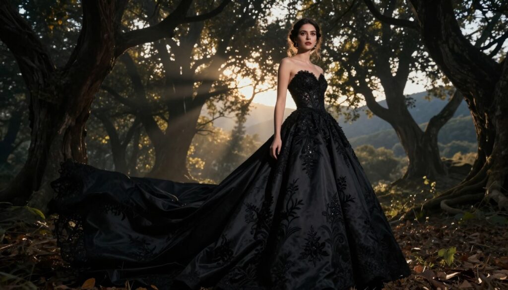 A striking scene featuring a woman in a dramatic black wedding dress, symbolizing rebellion and fear. In the foreground, the dress flows elegantly but defiantly, adorned with intricate lace and bold silhouettes. The model stands with a strong posture, her expression confident yet contemplative. In the middle ground, an ethereal forest setting with dark, twisted trees and dappled shadows enhances the mysterious vibe. Soft rays of golden light break through the foliage, casting an enchanting glow on the scene. In the background, silhouettes of distant mountains create depth and intrigue. Capture this moment with a slightly low angle, emphasizing the elegance of the gown while maintaining an air of mystery, evoking feelings of empowerment and elegance. The overall atmosphere should blend elegance and a subtle hint of melancholy. A striking scene featuring a woman in a dramatic black wedding dress, symbolizing rebellion and fear. In the foreground, the dress flows elegantly but defiantly, adorned with intricate lace and bold silhouettes. The model stands with a strong posture, her expression confident yet contemplative. In the middle ground, an ethereal forest setting with dark, twisted trees and dappled shadows enhances the mysterious vibe. Soft rays of golden light break through the foliage, casting an enchanting glow on the scene. In the background, silhouettes of distant mountains create depth and intrigue. Capture this moment with a slightly low angle, emphasizing the elegance of the gown while maintaining an air of mystery, evoking feelings of empowerment and elegance. The overall atmosphere should blend elegance and a subtle hint of melancholy.