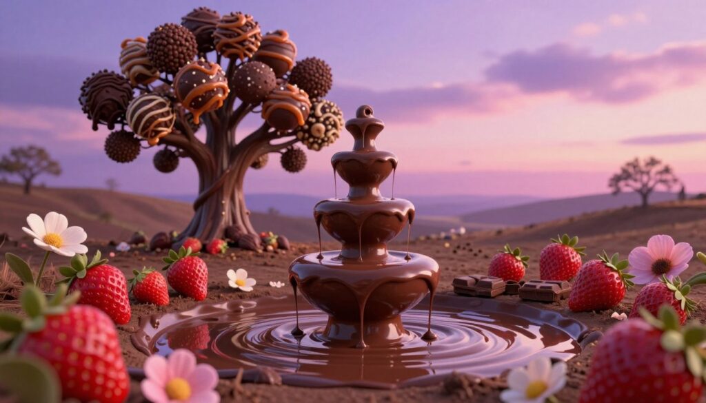 A surreal and dreamlike scene depicting a rich, luscious chocolate landscape. In the foreground, a vibrant, semi-melted chocolate fountain cascades into a shimmering pool, surrounded by colorful, oversized strawberries and delicate flowers. The middle ground features a whimsical, chocolate-covered tree with branches adorned with chocolate truffles and caramel swirls. The background reveals a soft, ethereal sky blending shades of twilight purple and pink, creating a serene atmosphere. The lighting is warm and inviting, illuminating the scene with a soft glow, reminiscent of twilight. The entire composition conveys a sense of indulgence, pleasure, and the allure of sweet temptation, inviting viewers into a world of psychological exploration surrounding dreams of chocolate.