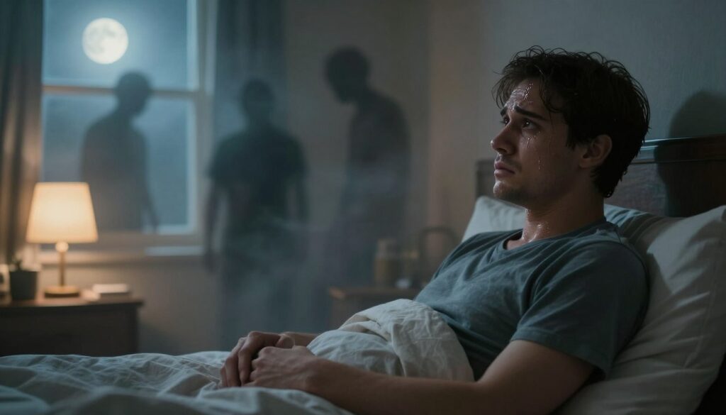 A surreal depiction of a man waking up from a nightmare, sweat glistening on his forehead, with a look of deep concern on his face. In the foreground, he sits up in a modestly decorated bedroom, with soft, calming colors. The middle layer features faint, shadowy figures representing his nightmares, swirling around him in a haze, suggesting lingering fear. The background shows a dimly lit window with moonlight spilling in, creating a contrast between darkness and the warm glow of a bedside lamp. The atmosphere feels tense yet hopeful, highlighting the struggle and techniques of coping post-nightmare. The scene should be captured with a soft focus, evoking a dreamlike quality, using a cinematic angle to enhance the emotional impact.
