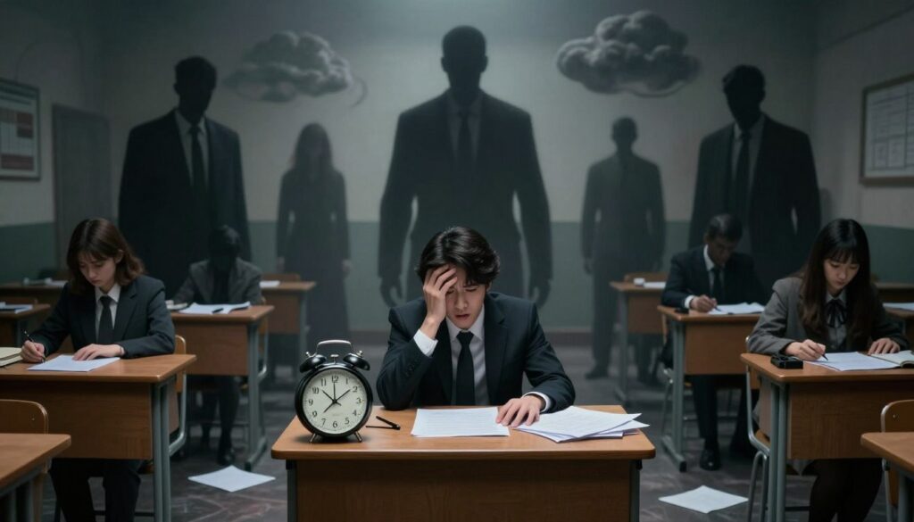 A surreal depiction of a person experiencing the fear of judgment while dreaming. In the foreground, a young adult with a look of anxiety, dressed in professional attire, sits at a large, wooden exam desk, surrounded by scattered papers and an oversized clock ticking ominously. The middle ground features giant, looming shadowy figures representing societal pressure and evaluation, with harsh, contrasting lighting casting deep shadows. In the background, a surreal landscape merges with dream-like elements like swirling clouds and distorted classroom imagery. The atmosphere is tense and claustrophobic, eliciting feelings of dread and introspection, with a muted color palette emphasizing the emotional weight of the scenario. The scene conveys an intense mixture of vulnerability and societal expectations, highlighting the psychological underpinnings of fear of judgment. A surreal depiction of a person experiencing the fear of judgment while dreaming. In the foreground, a young adult with a look of anxiety, dressed in professional attire, sits at a large, wooden exam desk, surrounded by scattered papers and an oversized clock ticking ominously. The middle ground features giant, looming shadowy figures representing societal pressure and evaluation, with harsh, contrasting lighting casting deep shadows. In the background, a surreal landscape merges with dream-like elements like swirling clouds and distorted classroom imagery. The atmosphere is tense and claustrophobic, eliciting feelings of dread and introspection, with a muted color palette emphasizing the emotional weight of the scenario. The scene conveys an intense mixture of vulnerability and societal expectations, highlighting the psychological underpinnings of fear of judgment.