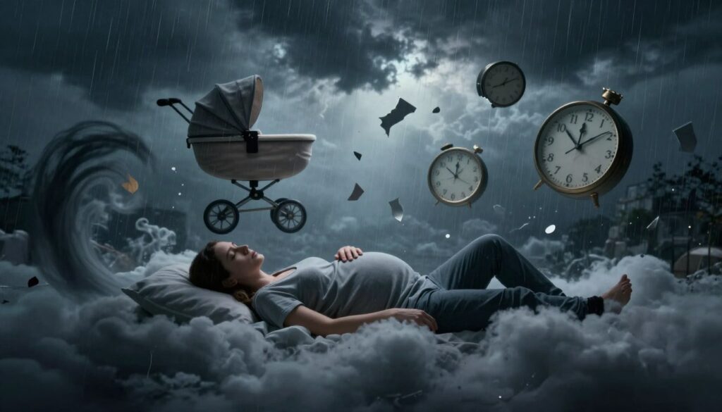 A surreal depiction of negative aspects surrounding dreams of pregnancy, conveying a sense of unease and transformation. In the foreground, a sleeping figure in modest casual clothing lies on a cloud, surrounded by dark, swirling shadows symbolizing anxiety and fear. In the middle ground, fragmented images of a baby carriage and broken clocks float, representing lost time and overwhelming responsibilities. The background features a night sky with heavy rain clouds, casting a gloomy atmosphere, illuminated only by faint, ethereal light breaking through. The overall mood should evoke introspection and caution, blending realism with surreal elements to illustrate the emotional complexity of dreaming about pregnancy. The composition should be balanced and visually striking, inviting the viewer to contemplate the deeper meanings behind such dreams.