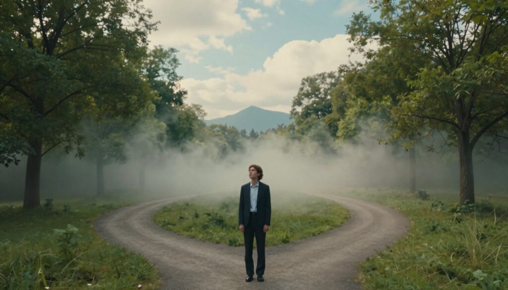 A surreal depiction of the psychological theme of duality in dreams, focusing on two mirrored figures representing choices and new possibilities. In the foreground, a person with a contemplative expression stands at a crossroads, dressed in a smart, professional outfit, looking at two divergent paths lined with lush trees. In the middle ground, an ethereal haze obscures each path, suggesting the mystery of decisions we face. The background features a dreamlike landscape with softly lit clouds and distant mountains, creating an atmosphere of introspection and exploration. Soft, diffused lighting enhances the surreal quality of the scene, while a wide-angle lens captures the expansive landscape, inviting the viewer to delve into the complexities of choice and identity. A surreal depiction of the psychological theme of duality in dreams, focusing on two mirrored figures representing choices and new possibilities. In the foreground, a person with a contemplative expression stands at a crossroads, dressed in a smart, professional outfit, looking at two divergent paths lined with lush trees. In the middle ground, an ethereal haze obscures each path, suggesting the mystery of decisions we face. The background features a dreamlike landscape with softly lit clouds and distant mountains, creating an atmosphere of introspection and exploration. Soft, diffused lighting enhances the surreal quality of the scene, while a wide-angle lens captures the expansive landscape, inviting the viewer to delve into the complexities of choice and identity.