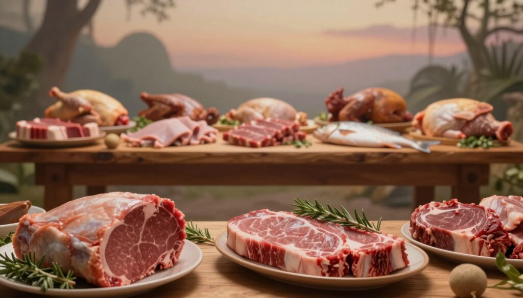 A surreal dream landscape featuring various types of meat displayed artistically. In the foreground, an intricately arranged platter of red meat cuts, with marbled textures and fresh herbs, glistening under soft, ethereal lighting. In the middle, a wooden table laden with different meats—poultry, fish, and game, creating a contrast of colors and textures. The background features abstract shapes and soft shadows, hinting at a dreamlike environment with a subtly blurred horizon. The atmosphere is mystical and introspective, with warm, inviting tones that evoke connection to instinctual needs and desires. The composition is shot from a slightly elevated angle, utilizing a soft focus lens to enhance the dreamy quality of the scene.