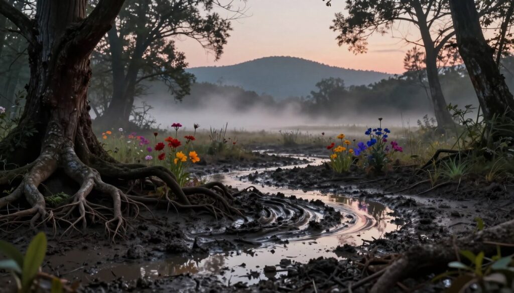A surreal, dreamlike landscape depicting the symbolism of mud and wetlands in the subconscious. In the foreground, thick, dark mud swirls around roots of ancient trees, hinting at the chaos of emotions. Vividly colored flora emerges through the muck, representing hope amidst turmoil. The middle ground features mist rising gently over the muck, softening the surroundings. In the background, shadowy silhouettes of distant hills fade into a hazy twilight sky, creating an atmospheric depth. Soft, diffused lighting enhances the mood, casting ethereal reflections on the wet surfaces. A slightly low-angle view captures the vastness, inviting the viewer into this subconscious realm. The overall atmosphere is contemplative and mysterious, evoking feelings of introspection and the complexity of human emotions.