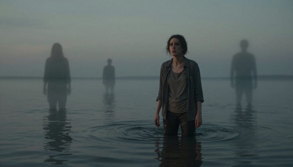 A surreal, dreamlike scene depicting a person standing partially submerged in murky water, with an expression of confusion and concern on their face. The individual, dressed in modest casual clothing, is surrounded by swirling shadows and indistinct shapes, hinting at emotional turmoil. In the foreground, ripples disturb the dark water, capturing a sense of immobility and struggle. The middle ground features fading outlines of distant figures that represent lost connections and anxieties, appearing as hazy silhouettes. In the background, a dusky sky filled with muted tones of gray and blue creates a somber atmosphere, with soft, diffused lighting casting elongated shadows. The overall mood reflects an unsettling yet contemplative moment, emphasizing the theme of transformation and the urgency of recognizing inner fears.