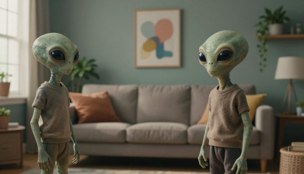 A surreal, dreamlike scene depicting the presence of alien figures in a cozy living room setting. In the foreground, two humanoid aliens with large eyes and soft, muted colors stand observantly. They wear simple, modest clothing that blends into the environment, evoking curiosity without feeling threatening. In the middle ground, a large, inviting sofa sits adorned with colorful cushions, hinting at warmth and comfort. The background reveals a softly lit room filled with plants and abstract artwork, suggesting an atmosphere of wonder and intrigue. A gentle, ethereal light filters through a large window, casting shadows that heighten the mysterious mood. The overall ambiance should evoke both curiosity and a sense of crossing boundaries, perfectly aligned with the theme of the section.