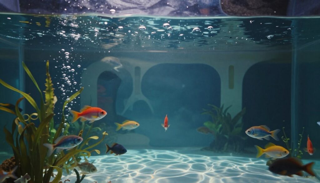 A surreal dreamlike scene of an aquarium that blends elements of reality and subconscious reflection. In the foreground, translucent water gently ripples as vibrant, colorful fish swim gracefully among lush underwater plants. The middle layer features the aquarium itself, designed with intricate details such as bubbles rising to the surface, creating a feeling of being immersed in a tranquil environment. In the background, abstract shapes suggest a sense of confinement, representing the closed space of the dream world. Soft, ethereal lighting filters through, casting gentle shadows and highlighting the fluidity of water. The overall mood is contemplative and soothing, capturing the essence of dreams and interpretations of water and space in sleep. Aim for a cinematic angle that draws the viewer into this alluring underwater dreamscape.