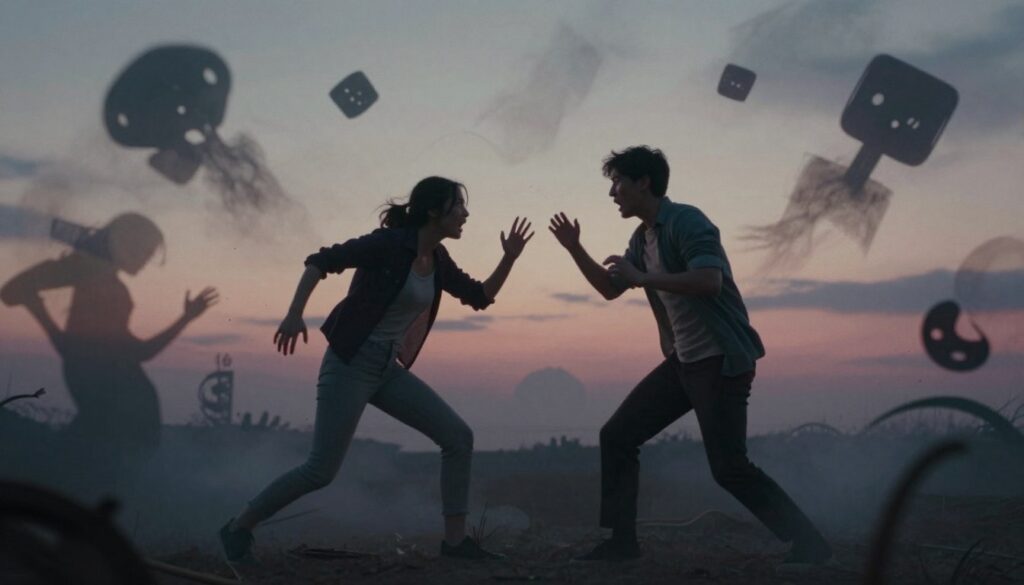 A surreal dreamscape depicting a chaotic dream fight, illustrating the emotional analysis of a conflict. In the foreground, two stylized figures, dressed in modest casual clothing, engage in a dynamic struggle, their expressions reflecting a mix of fear, anger, and confusion. The middle ground features swirling dream-like elements, such as fragmented images of shadows and abstract shapes that symbolize the chaos of emotions. In the background, a soft, nebulous twilight sky creates a surreal atmosphere, with ethereal colors blending together to evoke a sense of unease and tension. The lighting is dramatic, casting shadows that heighten the emotional intensity. The overall mood is introspective and psychologically charged, inviting viewers to explore the depths of their subconscious experiences.