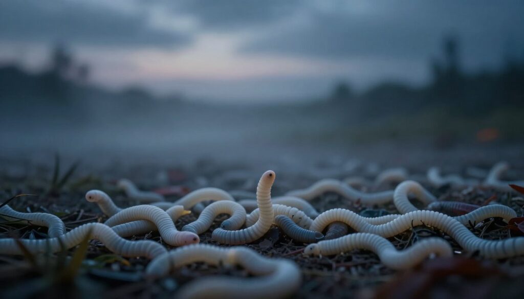 A surreal dreamscape depicting a ethereal landscape filled with white worms, representing the unsettling theme of challenges associated with dreams about insects. In the foreground, clusters of delicate, translucent worms twist and coil around various objects like nightmarish shadows. The middle ground features a dark, misty atmosphere, with subtle hints of vibrant colors suggesting inner conflict and fear, creating a sense of unease. The background is a blurred, twilight sky in shades of deep blue and grey, casting soft luminescent light, enhancing the dreamlike quality. The image should evoke feelings of discomfort and tension, using soft, diffused lighting to emphasize the surreal nature. A wide-angle perspective should capture the entirety of this haunting dream environment, inviting viewers to ponder its meaning.