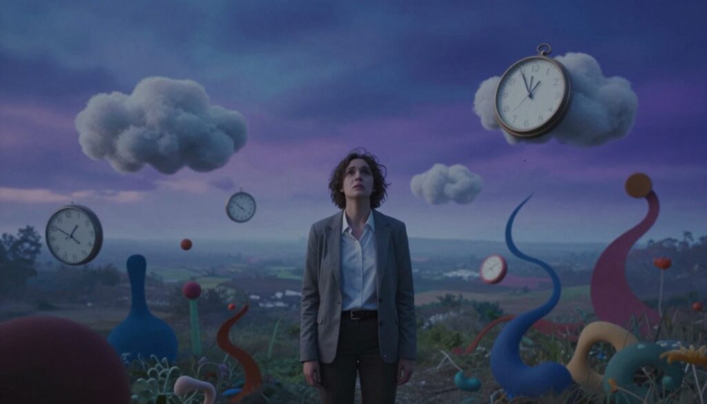 A surreal dreamscape depicting a person experiencing a feeling of losing control in a dream. In the foreground, the figure, dressed in modest, professional casual attire, stands with a look of bewilderment on their face, surrounded by swirling, abstract shapes and colors that convey chaos. The middle ground features distorted elements like melting clocks and drifting clouds, symbolizing confusion and disorientation. In the background, a hazy landscape fades into a turbulent sky of deep blues and purples, enhancing the dreamlike quality. The lighting is soft and ethereal, casting a faint glow over the scene, creating a mood of anxiety and introspection. The overall atmosphere is one of surreal unease, reflecting psychological turmoil. A surreal dreamscape depicting a person experiencing a feeling of losing control in a dream. In the foreground, the figure, dressed in modest, professional casual attire, stands with a look of bewilderment on their face, surrounded by swirling, abstract shapes and colors that convey chaos. The middle ground features distorted elements like melting clocks and drifting clouds, symbolizing confusion and disorientation. In the background, a hazy landscape fades into a turbulent sky of deep blues and purples, enhancing the dreamlike quality. The lighting is soft and ethereal, casting a faint glow over the scene, creating a mood of anxiety and introspection. The overall atmosphere is one of surreal unease, reflecting psychological turmoil.