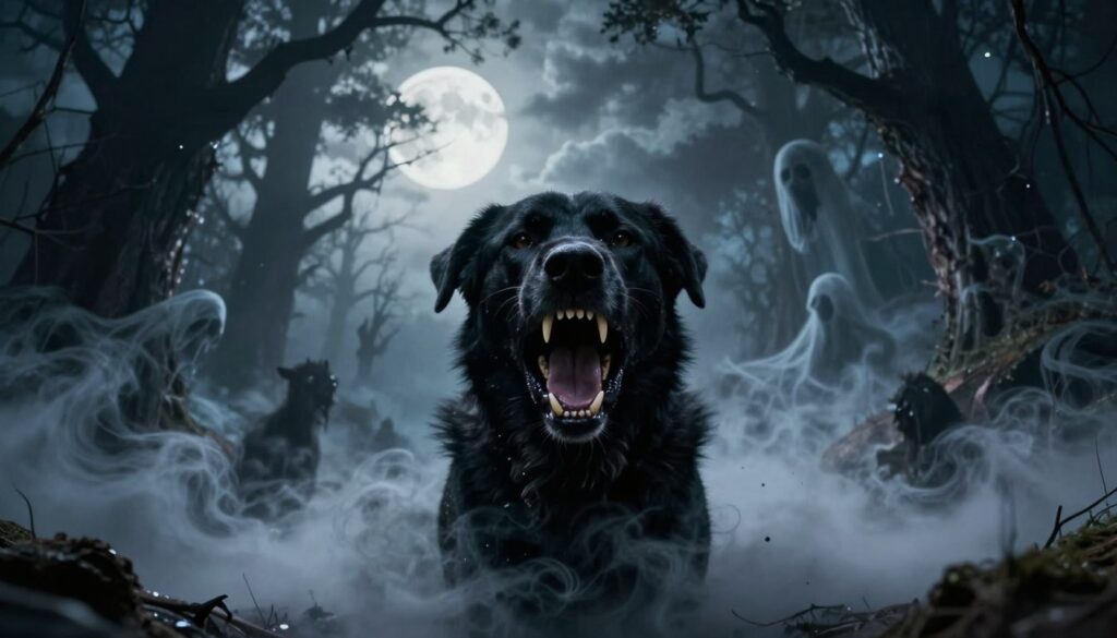 A surreal dreamscape depicting the emotional core of nightmares with aggressive animals, focusing on a menacing black dog as the central figure. In the foreground, the dog snarls, showcasing its sharp teeth, surrounded by dark, swirling mist that embodies fear and inner conflict. In the middle, fragmented dream imagery swirls around, including shadows of looming trees and ghostly silhouettes, representing subconscious tension. The background features a haunting, moonlit landscape with a cloudy sky, casting eerie light, enhancing the ominous atmosphere. The colors should be dark, with deep blues and blacks contrasted by ethereal whites and greys. The composition should evoke a feeling of dread and anxiety, captured at a low angle to emphasize the dog's imposing presence, accentuating the theme of emotional turmoil.