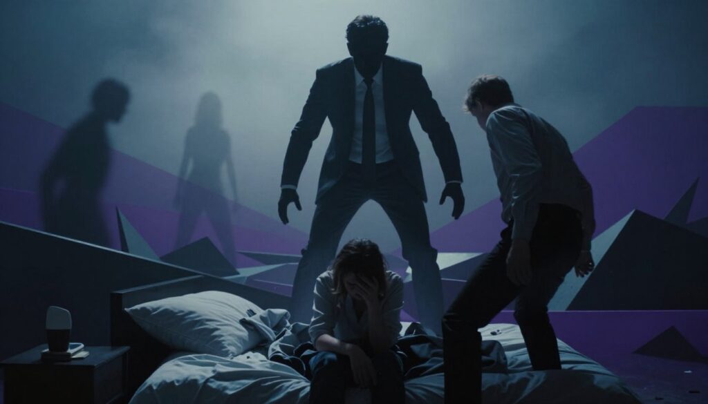 A surreal dreamscape depicting the role of an aggressor in a dream. In the foreground, a shadowy figure, dressed in professional business attire, looms menacingly over a person who appears anxious, sitting on a bed. The middle ground features a disorienting, fragmented landscape, symbolizing inner turmoil and conflict, blending dark blues and purples with sharp, angular shapes. The background showcases an ethereal, misty environment, with faint, shadowy silhouettes representing the subconscious. Soft, dramatic lighting casts deep shadows, enhancing the tense atmosphere. A low angle view emphasizes the towering figure's dominance, creating a sense of dread and unease. The overall mood is intense, contemplative, capturing the psychological complexity of the aggressor's role in dreams without explicit content. A surreal dreamscape depicting the role of an aggressor in a dream. In the foreground, a shadowy figure, dressed in professional business attire, looms menacingly over a person who appears anxious, sitting on a bed. The middle ground features a disorienting, fragmented landscape, symbolizing inner turmoil and conflict, blending dark blues and purples with sharp, angular shapes. The background showcases an ethereal, misty environment, with faint, shadowy silhouettes representing the subconscious. Soft, dramatic lighting casts deep shadows, enhancing the tense atmosphere. A low angle view emphasizes the towering figure's dominance, creating a sense of dread and unease. The overall mood is intense, contemplative, capturing the psychological complexity of the aggressor's role in dreams without explicit content.