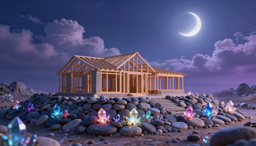 A surreal dreamscape depicting the significance of foundational dreams. In the foreground, an intricately designed foundation made of smooth stones and vibrant, glowing crystals symbolizes stability and new beginnings. The middle layer features a partially constructed house, with beams and framing visible, suggesting construction and life's plans. In the background, a tranquil night sky filled with soft, swirling clouds and a crescent moon enhances the dreamlike atmosphere. Gentle blue and purple lighting casts a mystical glow across the scene, creating a feeling of contemplation and hope. Use a slightly elevated angle to capture the layers of the scene, inviting viewers into a world where dreams and reality intertwine. A surreal dreamscape depicting the significance of foundational dreams. In the foreground, an intricately designed foundation made of smooth stones and vibrant, glowing crystals symbolizes stability and new beginnings. The middle layer features a partially constructed house, with beams and framing visible, suggesting construction and life's plans. In the background, a tranquil night sky filled with soft, swirling clouds and a crescent moon enhances the dreamlike atmosphere. Gentle blue and purple lighting casts a mystical glow across the scene, creating a feeling of contemplation and hope. Use a slightly elevated angle to capture the layers of the scene, inviting viewers into a world where dreams and reality intertwine.