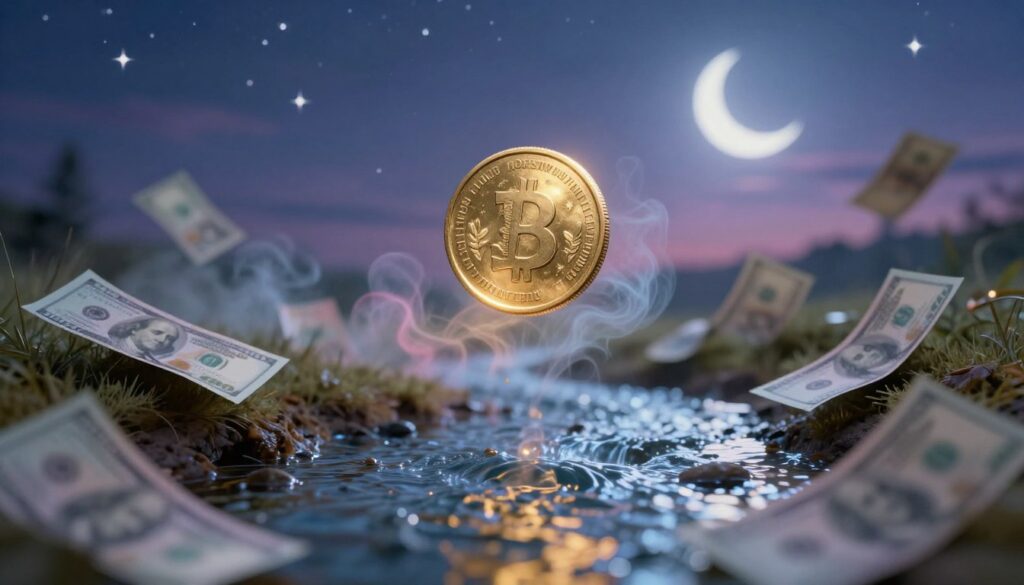 A surreal dreamscape depicting the significance of money in dreams. In the foreground, a glowing golden coin floats mid-air, surrounded by ethereal wisps of colorful mist. In the middle ground, a gentle stream of sparkling banknotes flows like water, with faint symbols of dreams and aspirations visible on their surface. The background features a twilight sky filled with stars and a shimmering crescent moon, illuminating the scene with a soft, magical light. The atmosphere is tranquil yet thought-provoking, inviting contemplation about the role of wealth and value in our subconscious. The image should have a soft-focus lens effect, giving it a dreamy quality while maintaining clarity on the floating coin and banknotes.