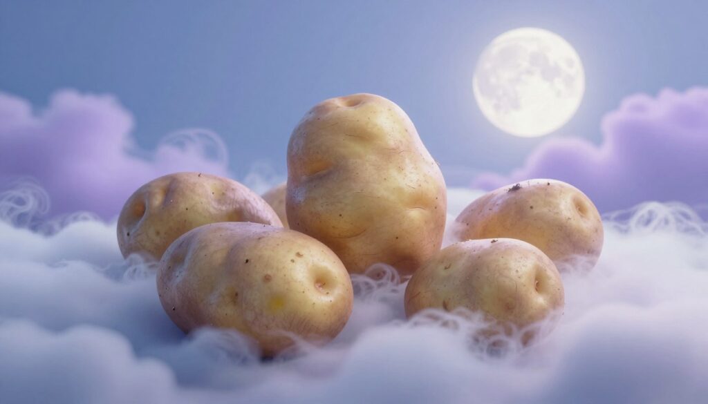 A surreal dreamscape featuring large, mystical potatoes resting gently on a fluffy white cloud, surrounded by soft pastel hues of blue and lavender. In the foreground, the oversized potatoes are detailed with earthy textures, showcasing their realistic skin and subtle shadows. The middle ground includes dreamy, whimsical swirls of fog that frame the potatoes, enhancing their ethereal quality. In the background, a softly glowing moon illuminates the scene, casting a serene light that adds to the tranquil atmosphere. The overall mood is contemplative and peaceful, inviting viewers to ponder the deeper meanings of dreams and simplicity. Use soft, diffuse lighting for a gentle effect, and create the composition with a slight upward angle to emphasize the dreamy sky above. A surreal dreamscape featuring large, mystical potatoes resting gently on a fluffy white cloud, surrounded by soft pastel hues of blue and lavender. In the foreground, the oversized potatoes are detailed with earthy textures, showcasing their realistic skin and subtle shadows. The middle ground includes dreamy, whimsical swirls of fog that frame the potatoes, enhancing their ethereal quality. In the background, a softly glowing moon illuminates the scene, casting a serene light that adds to the tranquil atmosphere. The overall mood is contemplative and peaceful, inviting viewers to ponder the deeper meanings of dreams and simplicity. Use soft, diffuse lighting for a gentle effect, and create the composition with a slight upward angle to emphasize the dreamy sky above.