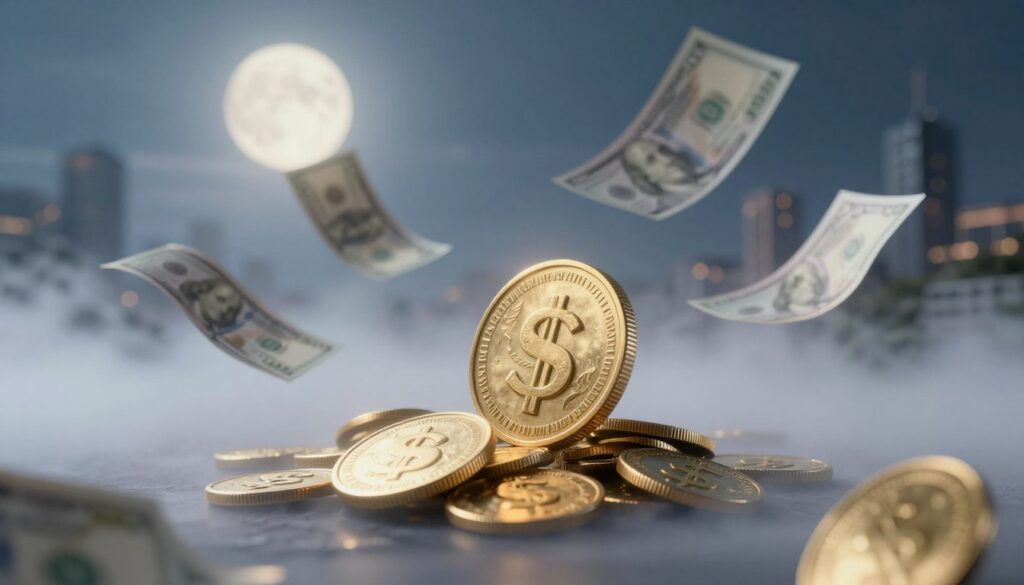 A surreal dreamscape featuring various financial symbols emerging from a swirling mist, with a foreground showcasing an intricately designed golden coin spilling its contents. In the middle, hovering above, are ethereal dollar bills drifting delicately, representing the concept of wealth. The background reveals a hazy city skyline, subtly illuminated by soft moonlight, casting a tranquil ambiance. Light filters through the mist, creating a magical, dream-like atmosphere filled with warmth and nostalgia. The color palette includes shades of blue, gold, and silver, adding a reflective quality. The scene conveys an air of mystery and possibility, encouraging contemplation of finance and dreams, without any human figures or text elements.