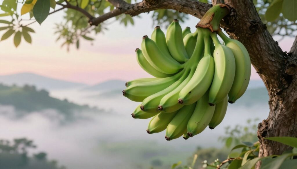 A surreal dreamscape featuring vibrant green bananas, symbolizing patience and growth. In the foreground, a cluster of glossy green bananas hangs from a gnarled tree branch, their texture reflecting soft sunlight. The middle ground reveals a whimsical, hazy landscape with swirling clouds and soft pastel hues that evoke a dream-like state, subtly suggesting notions of desire and abundance. In the background, gentle hills rise, shrouded in mist, further enhancing the ethereal atmosphere. The lighting is soft and diffused, casting an inviting glow over the scene, and the composition is framed with an inviting angle that draws the viewer into this imaginative realm. The overall mood is contemplative and serene, encouraging reflection on the themes of patience and potential.