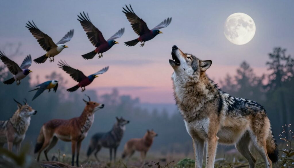 A surreal dreamscape featuring wild animals symbolizing instinct, freedom, and unrestrained emotions. In the foreground, a majestic wolf howls at the moon, representing primal instincts. In the middle ground, a group of vibrant, free-spirited birds takes flight, symbolizing liberation and emotional expression. The background fades into a dreamy forest under soft, ethereal lighting with a twilight sky, enhancing the mystical atmosphere. Use a wide-angle lens to capture the expansive scene, emphasizing the harmonious coexistence of the animals. The mood should evoke a sense of wonder and introspection, inviting the viewer to explore the deeper meanings behind the animals’ behaviors and their symbolic significance in dreams. A surreal dreamscape featuring wild animals symbolizing instinct, freedom, and unrestrained emotions. In the foreground, a majestic wolf howls at the moon, representing primal instincts. In the middle ground, a group of vibrant, free-spirited birds takes flight, symbolizing liberation and emotional expression. The background fades into a dreamy forest under soft, ethereal lighting with a twilight sky, enhancing the mystical atmosphere. Use a wide-angle lens to capture the expansive scene, emphasizing the harmonious coexistence of the animals. The mood should evoke a sense of wonder and introspection, inviting the viewer to explore the deeper meanings behind the animals’ behaviors and their symbolic significance in dreams.