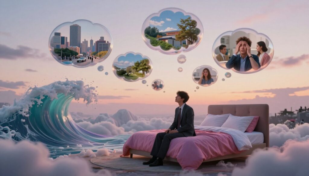 A surreal dreamscape illustrating the concept of dreams influenced by daily experiences. In the foreground, a person in professional attire sits on a vibrant, oversized bed surrounded by floating, semi-transparent thought bubbles containing fragmented images of daily life: a bustling city, nature scenes, and moments of anxiety. In the middle ground, whimsical, colorful waves of dreamlike essence swirl around, merging with soft, ethereal clouds that hint at deeper meanings. The background features a soft focus of a twilight sky, blending soothing pastel colors that create a sense of tranquility and introspection. The lighting is warm and diffused, casting gentle shadows that add depth and a reflective mood to the scene. The overall atmosphere conveys a mixture of curiosity, contemplation, and serenity, inviting viewers to explore the layers of their subconscious. A surreal dreamscape illustrating the concept of dreams influenced by daily experiences. In the foreground, a person in professional attire sits on a vibrant, oversized bed surrounded by floating, semi-transparent thought bubbles containing fragmented images of daily life: a bustling city, nature scenes, and moments of anxiety. In the middle ground, whimsical, colorful waves of dreamlike essence swirl around, merging with soft, ethereal clouds that hint at deeper meanings. The background features a soft focus of a twilight sky, blending soothing pastel colors that create a sense of tranquility and introspection. The lighting is warm and diffused, casting gentle shadows that add depth and a reflective mood to the scene. The overall atmosphere conveys a mixture of curiosity, contemplation, and serenity, inviting viewers to explore the layers of their subconscious.