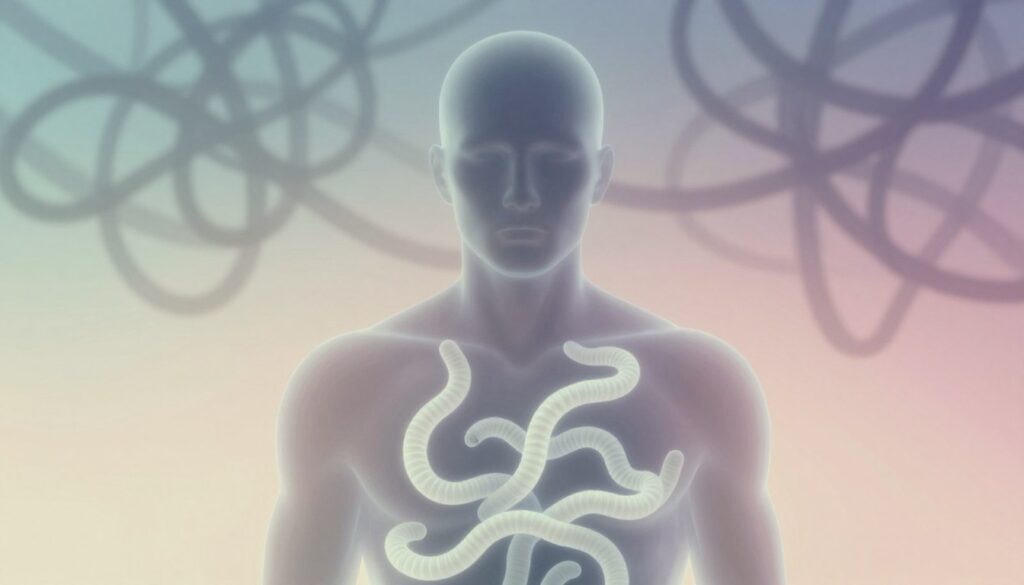 A surreal illustration featuring a transparent human silhouette with soft, glowing white worms inside, symbolizing anxiety and emotional turmoil. In the foreground, focus on the silhouette’s torso, allowing the intricate details of the worms to be visible, emphasizing their ethereal and unsettling nature. The middle ground should have a gentle gradient of pastel colors, evoking a sense of unease yet curiosity. In the background, a blurred abstract representation of tangled thoughts or shadows to reinforce the concept of psychological struggle. Utilize soft, diffused lighting to create an intimate atmosphere, as if the viewer is peering into someone's internal world. Capture this scene from a slightly upward angle to evoke a feeling of contemplation and inner reflection.