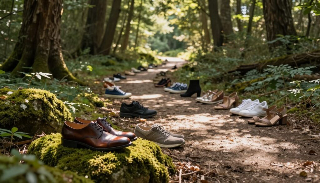 A surreal landscape featuring a winding path through a tranquil forest, with various pairs of shoes scattered along the way, symbolizing choices and journeys. In the foreground, a pair of polished leather shoes rests on a mossy stone, reflecting sunlight streaming through the trees. The middle ground shows more shoes, a mix of styles – sneakers, heels, and sandals – placed on the path, leading the viewer's eye deeper into the scene. The background consists of tall, ancient trees with dappled sunlight filtering through the leaves, creating a serene and contemplative atmosphere. Use soft focus and warm, natural lighting, capturing a slightly elevated angle to emphasize the path's allure and the significance of the search for the right direction. A surreal landscape featuring a winding path through a tranquil forest, with various pairs of shoes scattered along the way, symbolizing choices and journeys. In the foreground, a pair of polished leather shoes rests on a mossy stone, reflecting sunlight streaming through the trees. The middle ground shows more shoes, a mix of styles – sneakers, heels, and sandals – placed on the path, leading the viewer's eye deeper into the scene. The background consists of tall, ancient trees with dappled sunlight filtering through the leaves, creating a serene and contemplative atmosphere. Use soft focus and warm, natural lighting, capturing a slightly elevated angle to emphasize the path's allure and the significance of the search for the right direction.