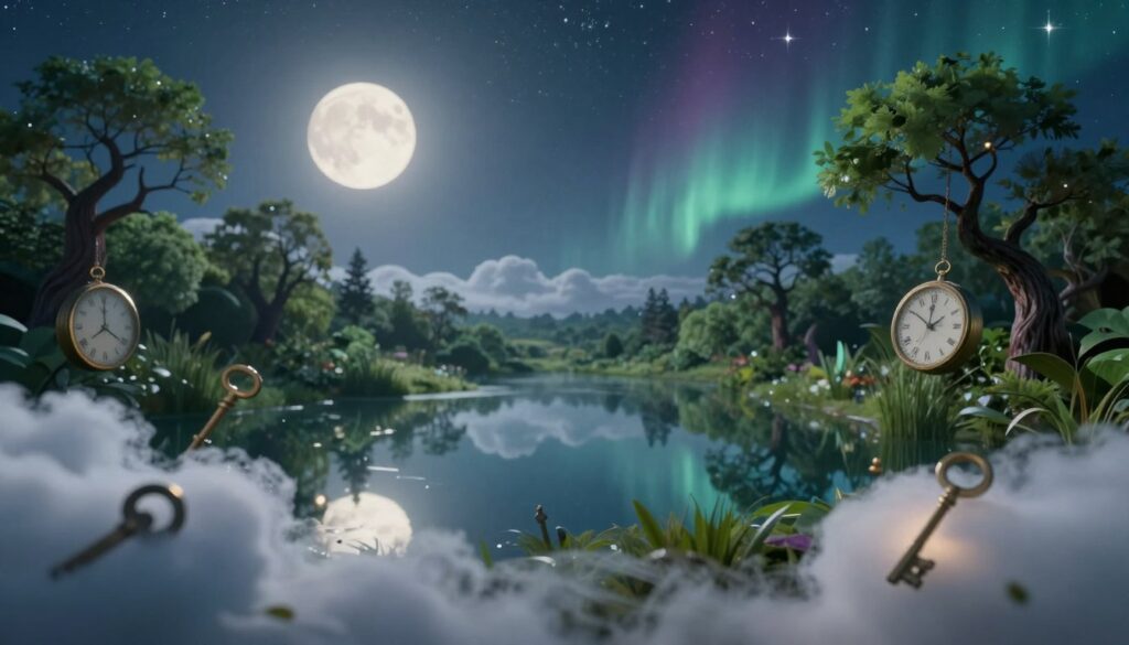 A surreal landscape representing the subconscious mind during dreams, featuring a dreamy, ethereal scene. In the foreground, symbolic dream elements like floating clocks, giant keys, and wispy clouds, softly illuminated by a gentle, diffuse moonlight. In the middle ground, a tranquil, reflective lake captures the dreamlike atmosphere, surrounded by lush, abstract greenery and twisted trees, enhancing the sense of mystery. In the background, a night sky filled with shimmering stars and a hint of aurora borealis, creating an enchanting, enchanting mood. The composition should evoke feelings of introspection and curiosity, as if the viewer is peering into the depths of the subconscious. Use a soft focus lens to enhance the dreamy quality of the image. A surreal landscape representing the subconscious mind during dreams, featuring a dreamy, ethereal scene. In the foreground, symbolic dream elements like floating clocks, giant keys, and wispy clouds, softly illuminated by a gentle, diffuse moonlight. In the middle ground, a tranquil, reflective lake captures the dreamlike atmosphere, surrounded by lush, abstract greenery and twisted trees, enhancing the sense of mystery. In the background, a night sky filled with shimmering stars and a hint of aurora borealis, creating an enchanting, enchanting mood. The composition should evoke feelings of introspection and curiosity, as if the viewer is peering into the depths of the subconscious. Use a soft focus lens to enhance the dreamy quality of the image.