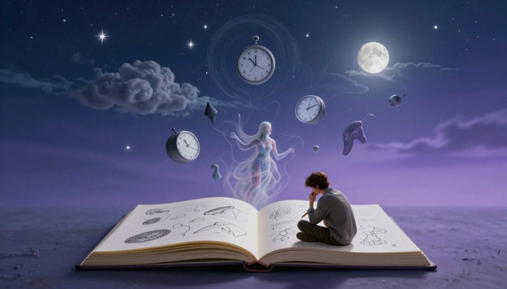 A surreal landscape symbolizing the psychological foundations of dreams, featuring a large, open notebook under a night sky filled with stars and swirling clouds. In the foreground, a person in modest casual clothing is sketching dream images with a pencil, deeply engaged in thought. In the middle, diverse dream symbols – like floating clocks, abstract shapes, and ethereal figures representing archetypes – emerge from the notebook, showing the complexity of the subconscious. The background is a soft gradient of deep blues and purples, creating a tranquil atmosphere, illuminated by a gentle moonlight casting soft shadows. The scene conveys a sense of introspection and exploration of the human psyche, inviting the viewer to ponder the deeper meanings of their own dreams.