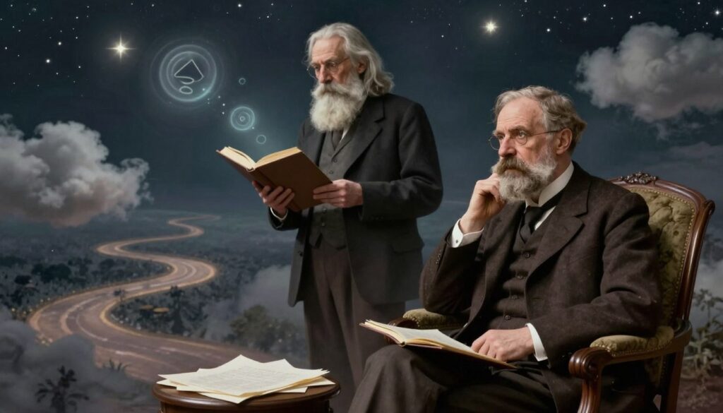A surreal representation of Sigmund Freud and Carl Jung in a dream analysis setting, blending both figures in an interpretative dreamscape. In the foreground, Freud is depicted with a thoughtful expression, seated on a vintage armchair with papers and a notebook scattered around him, dressed in early 20th-century attire. Jung, in the middle, stands with an open book in one hand, symbolizing the connection between conscious and unconscious thoughts, surrounded by ethereal dream symbols like clouds and winding paths. The background features a night sky with soft, glowing stars, enhancing the dreamlike atmosphere. Soft, diffused lighting casts gentle shadows, creating an introspective mood that portrays the depth of dreaming and emotional exploration. The overall composition invites the viewer into a reflective space about subconscious emotions.