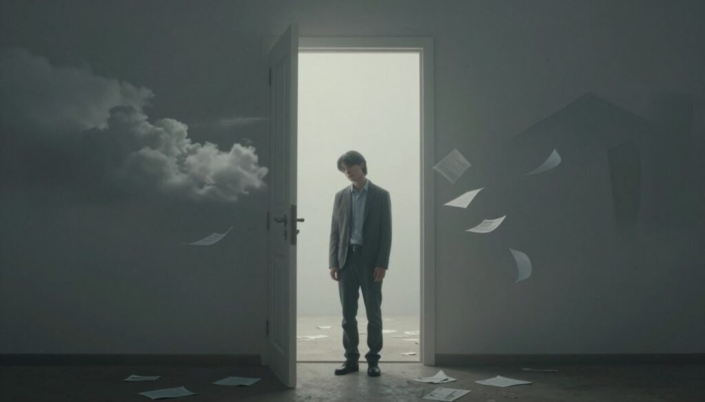 A surreal representation of a person standing helplessly in front of an enormous, slightly ajar door that stretches into a misty void, symbolizing a lack of control. The foreground features the figure looking lost, dressed in modest business attire, with a pensive expression. The middle ground includes distorted reflections of chaotic imagery—like stormy clouds and scattered papers—emphasizing turmoil and disrupted boundaries. The background fades into an ominous darkness, with faint shadows and abstract shapes adding to the surreal atmosphere. Soft, diffused lighting casts a subdued glow, while a slight tilt in the camera angle creates an unsettling feeling. The overall mood blends confusion and introspection, capturing the psychological essence of losing control.