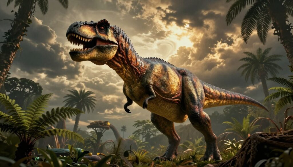 A surreal representation of dinosaurs, symbolizing archetypal meanings in the subconscious. In the foreground, a majestic Tyrannosaurus rex stands powerful and imposing, its scales shimmering under a warm, golden light, exuding strength. In the middle ground, a lush prehistoric landscape flourishes, featuring ferns and towering cycads, evoking a sense of ancient history and primordial fears. In the background, a dramatic sky with swirling clouds hints at an impending storm, illuminating the scene with a mystical glow that adds an air of mystery. The atmosphere is tense yet awe-inspiring, reflecting deep-rooted anxieties and the fascination with these ancient creatures. The camera angle is slightly low, enhancing the size and grandeur of the dinosaur while inviting viewers to ponder the significance of dinosaur symbolism in our collective unconscious.