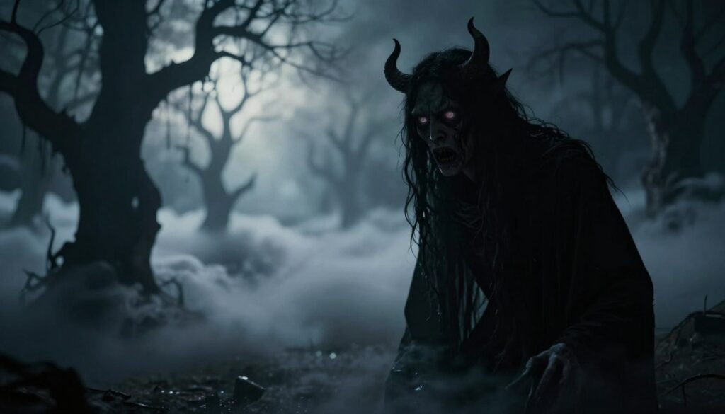 A surreal representation of the psychological underpinnings of dreams featuring demons. In the foreground, a shadowy figure resembling a demon looms, with glowing eyes that express fear and temptation, embodying the struggle against one's inner shadow. In the middle ground, a dreamscape with swirling clouds and dark silhouettes of twisted trees symbolizes confusion and subconscious turmoil. In the background, a faint, ethereal light pierces through the darkness, hinting at hope and self-discovery. The atmosphere is tense yet contemplative, with deep shadows and contrasting highlights to evoke a sense of inner conflict. The image should be captured with a soft-focus effect, using a wide-angle lens to create depth, allowing viewers to feel immersed in this dreamlike scenario.