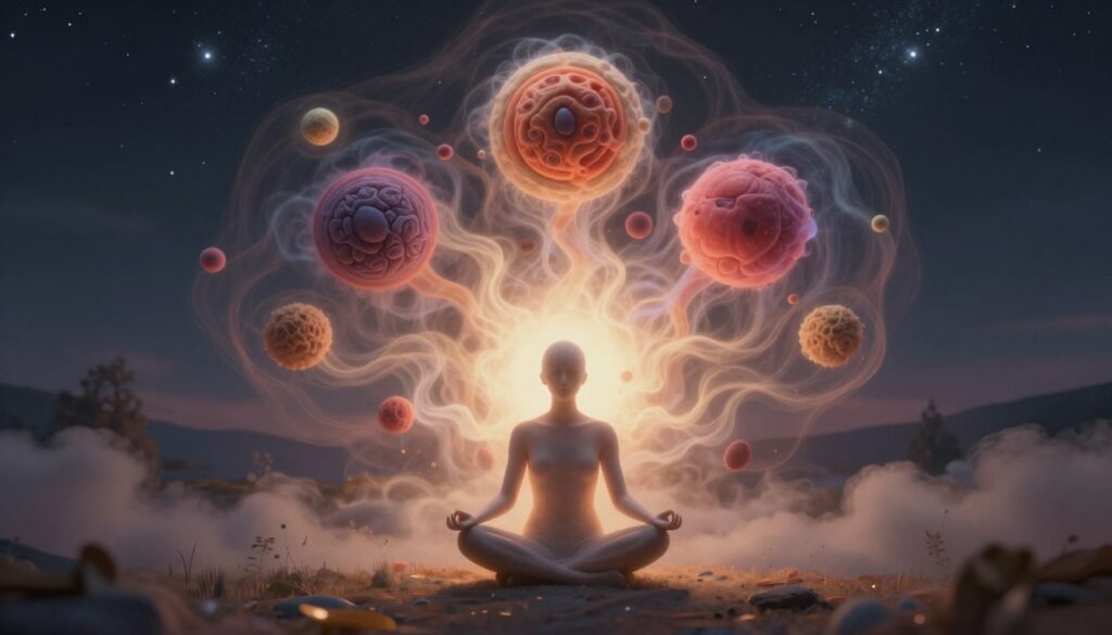 A surreal representation of the subconscious mind, emphasizing the importance of tumor location in dreams. In the foreground, a dreamlike figure sits cross-legged, meditating, surrounded by ethereal wisps of light and shadow, depicting different body parts symbolizing various tumor locations. In the middle, gently swirling clouds of colors represent emotions like fear and tension, creating an aura of unease and introspection. The background is a serene landscape of a starry night sky, suggesting hope and the need for self-care. Soft lighting casts a mystical glow over the scene, with a focus on warm tones to convey a sense of comfort amidst anxiety. The image captures a blend of tranquility and introspection, inviting viewers to explore the depths of their fears and needs. A surreal representation of the subconscious mind, emphasizing the importance of tumor location in dreams. In the foreground, a dreamlike figure sits cross-legged, meditating, surrounded by ethereal wisps of light and shadow, depicting different body parts symbolizing various tumor locations. In the middle, gently swirling clouds of colors represent emotions like fear and tension, creating an aura of unease and introspection. The background is a serene landscape of a starry night sky, suggesting hope and the need for self-care. Soft lighting casts a mystical glow over the scene, with a focus on warm tones to convey a sense of comfort amidst anxiety. The image captures a blend of tranquility and introspection, inviting viewers to explore the depths of their fears and needs.