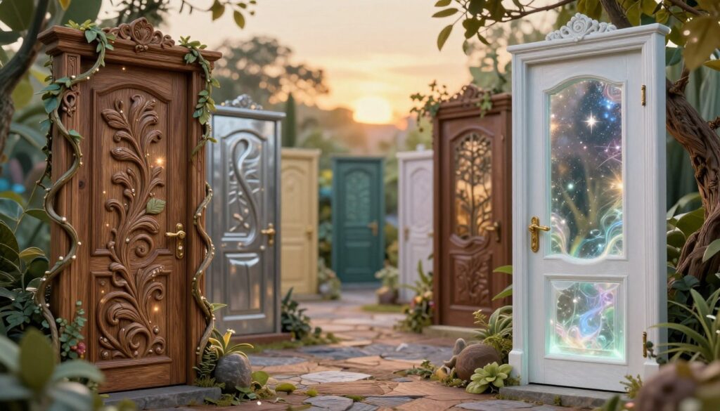 A surreal scene of unusual doors, blending various styles and materials, stands at the forefront. The foreground features a large, intricately carved wooden door with twisting vines, sparkling with soft, magical light. To its right, an elegant glass door with a shimmering, ethereal glow reflects a starry night sky. In the middle ground, an assortment of doors—metallic, abstract, and rustic—create a whimsical pathway surrounded by lush, dreamlike foliage. The background is blurred, hinting at an enchanting landscape illuminated by a warm, golden dusk. The atmosphere is one of mystique and possibility, inviting viewers to explore beyond these extraordinary doors. Use a wide-angle lens to capture depth, ensuring a bright, ethereal lighting that highlights the enchanting details. A surreal scene of unusual doors, blending various styles and materials, stands at the forefront. The foreground features a large, intricately carved wooden door with twisting vines, sparkling with soft, magical light. To its right, an elegant glass door with a shimmering, ethereal glow reflects a starry night sky. In the middle ground, an assortment of doors—metallic, abstract, and rustic—create a whimsical pathway surrounded by lush, dreamlike foliage. The background is blurred, hinting at an enchanting landscape illuminated by a warm, golden dusk. The atmosphere is one of mystique and possibility, inviting viewers to explore beyond these extraordinary doors. Use a wide-angle lens to capture depth, ensuring a bright, ethereal lighting that highlights the enchanting details.