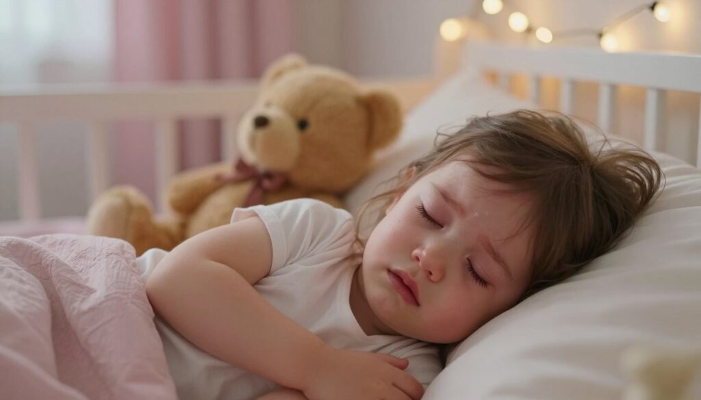 A tender scene of a small child, a girl, peacefully sleeping in a cozy bedroom, her face expressing sorrow as soft tears trickle down her cheeks. In the foreground, the child's delicate features are illuminated by gentle, warm light, emphasizing the innocence of her dream. Her small hands are clutched near her chest, showcasing vulnerability. The middle ground captures a plush teddy bear beside her, symbolizing comfort. In the background, a softly blurred nursery adorned with pastel colors and twinkling fairy lights creates a serene atmosphere. The overall mood is one of quiet introspection and emotional depth, highlighting the need for emotional comfort and understanding. Captured with a shallow depth of field to draw focus on the child, this image evokes a sense of compassion and tenderness.